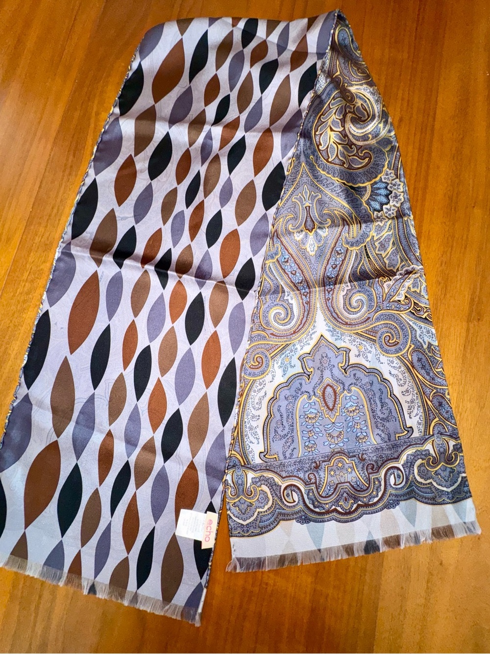 Unique Vintage Echo Dual Print Silk Scarf, Moody Blues, Greys, Browns. Unisex